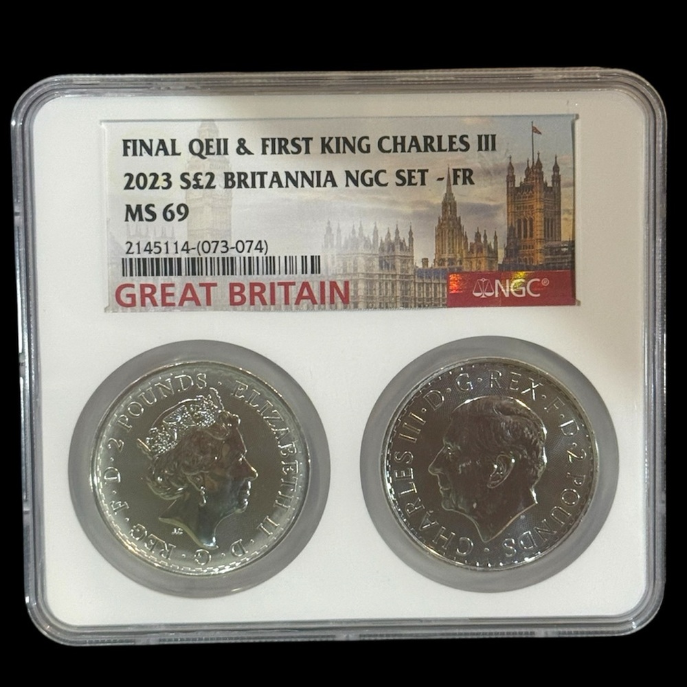 FINAL QEII & FIRST KING CHARLES III 2023 S£2 BRITANNIA NGC SET - FR MS 69‎